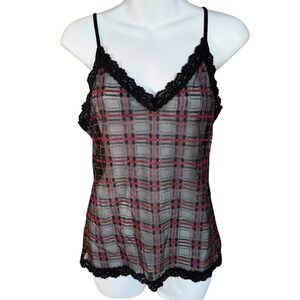 New Womens Sheer Lace Camisole Medium Tartan Plaid Y2K School Girl Whimsygoth